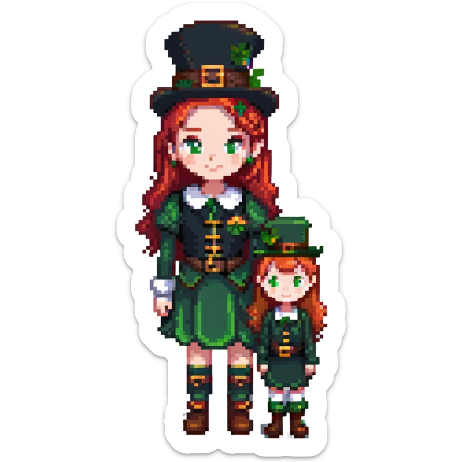 girl with red hair and brown eyes with a leprechaun sticker