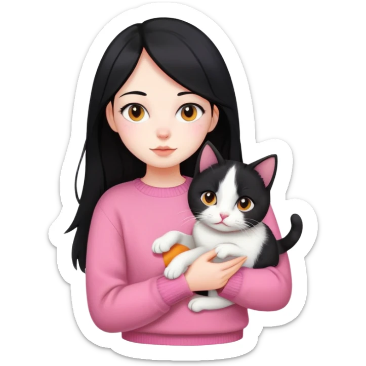 girl with black hair holding a tri-colored cat (black, orange, white) wearing a pink sweater sticker