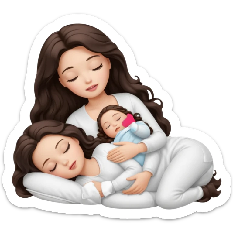White Barbie girl dark brown long wavy hair in white clothes sleeping with white baby at cream bed, eyes are closed sticker
