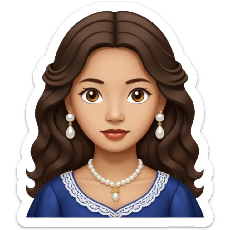Tan Filipino woman with dark brown eyes and long dark wavy hair parted in the middle wearing a traditional filipiniana and white pearl stud earrings and no other jewelry sticker