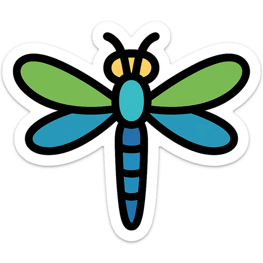 realistic dragonfly with bright green and blue wings, color outline icon style sticker