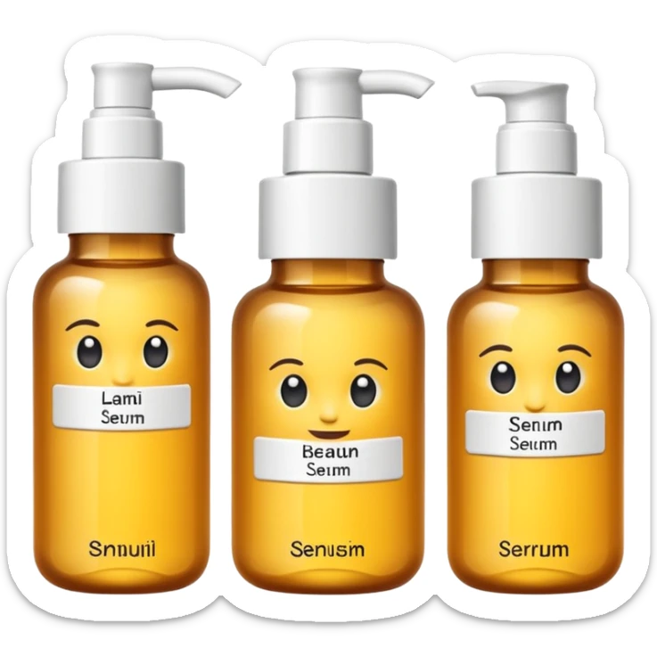 emoji of three beauty products (tube, serum, jar), wit labels, minimalistic but luxury design (realistic) sticker