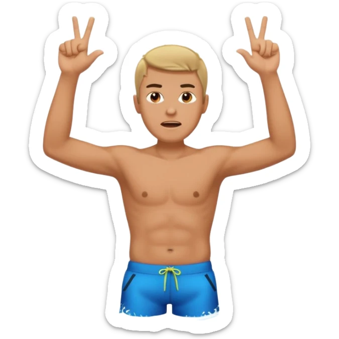 man with anger in swimming pool open arms and finger up on air sticker