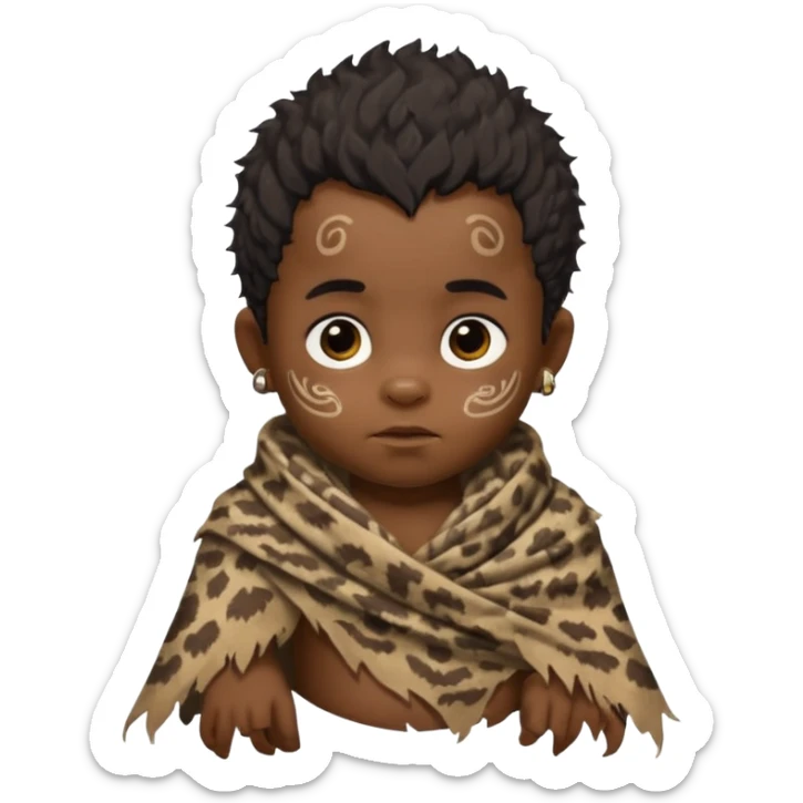 ancient hairy black baby tatooed boy, tattered animal skin shawl sticker