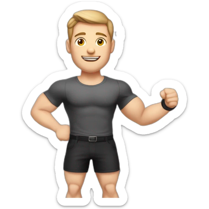 To belt Pale skinned Fit Man With the biceps and light brown hair in black shirt, gray sports shorts and white Sneakers Writing text on the flipchart sticker