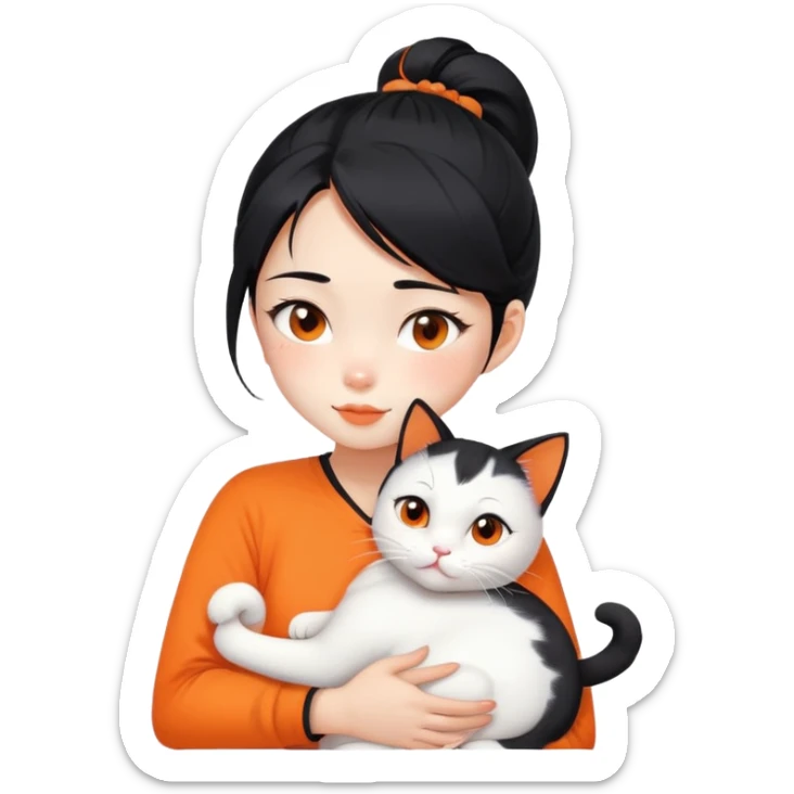 East Asian girl with high ponytail black hair hugging a predominantly white cat with orange patches, sweet and gentle, cute facial expressions sticker