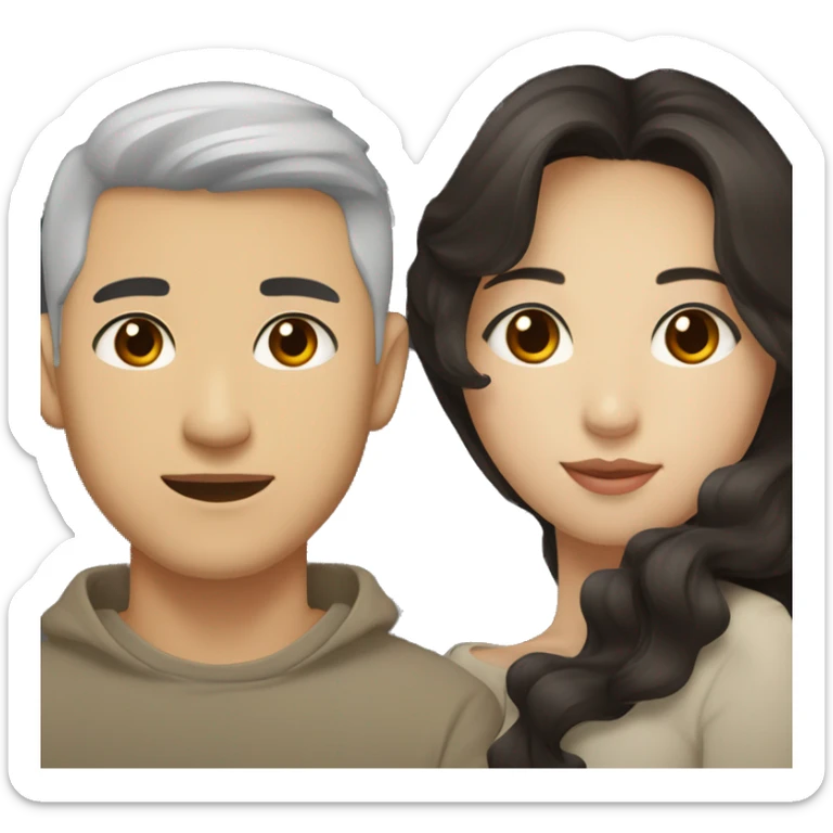 A half pale Asian man with short dark hair and amber eyes embracing and loving a half Asian woman with long wavy dark hair and dark hazel eyes. They love each other a lot And have good fashion taste. sticker