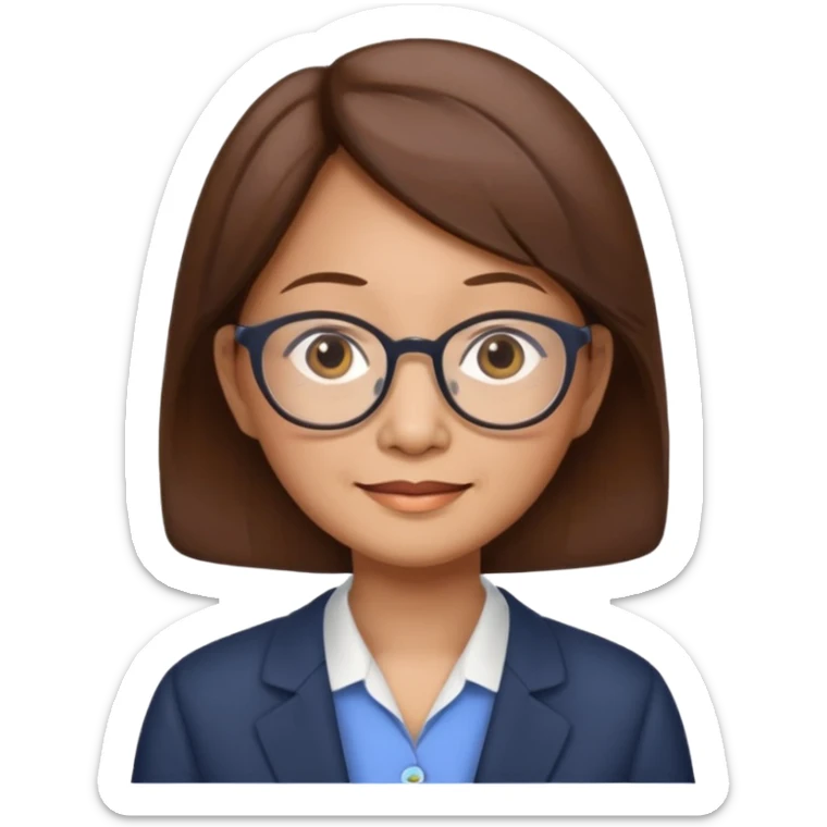 asian female accountant with eyeglasses, round face, brown hair, no tie, 63 years old sticker