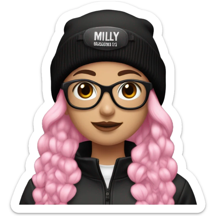 girl with black beanie and black ski goggles on beanie,hime half pink and black hair, and a black jersey that says: MILY 69 sticker