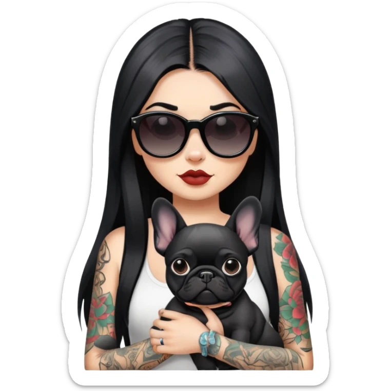 girl with long black  straight hair and tattoos and Wearing sunglasses and a black French bulldog sticker