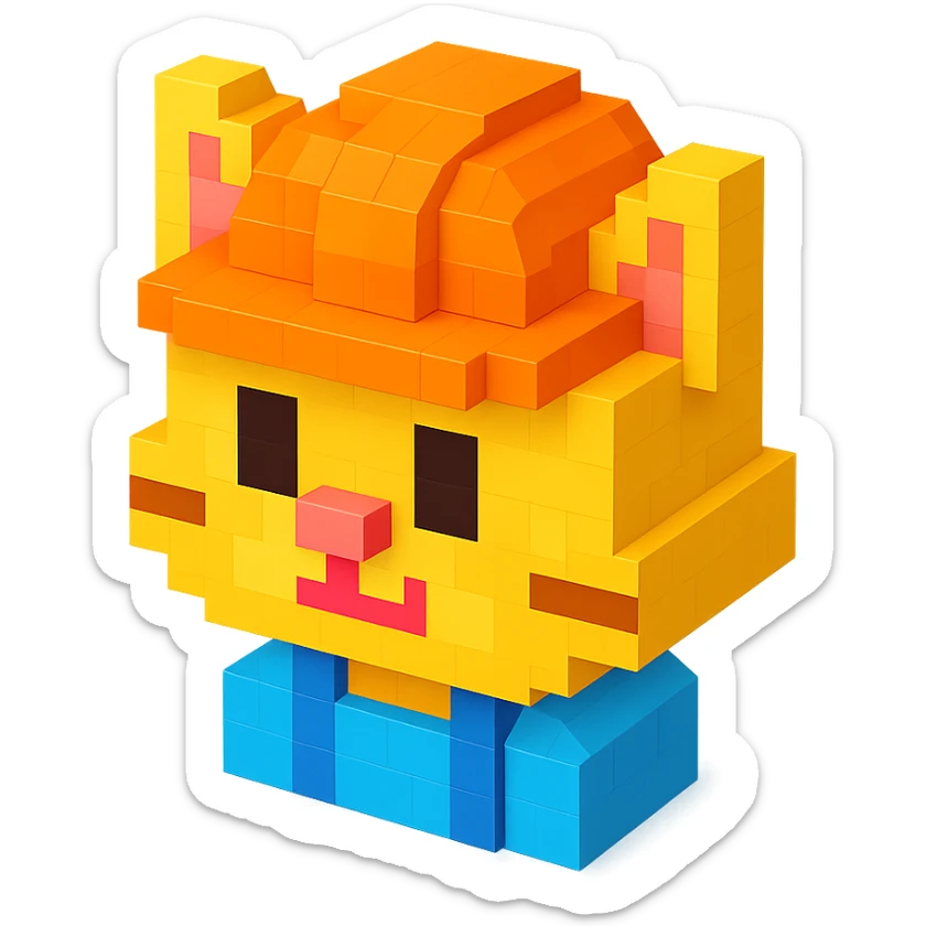 worker cat wearing an orange helmet in voxel style sticker