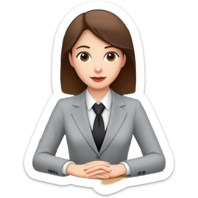 Professional female bank clerk in formal business attire behind a counter sticker