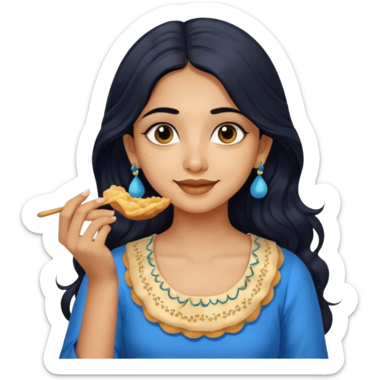 a pretty indian bratz girl with wavy long black hair. eyeliner on, wearing a blue kurti, eating golgappa sticker