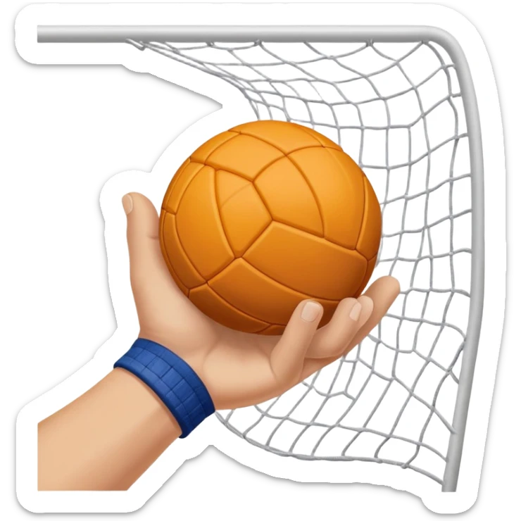 A close-up of a hand gripping a handball, with the handball gates visible in the background. The focus is on the texture of the ball and the strength of the grip, with the goal net slightly blurred to emphasize the anticipation of the throw. sticker