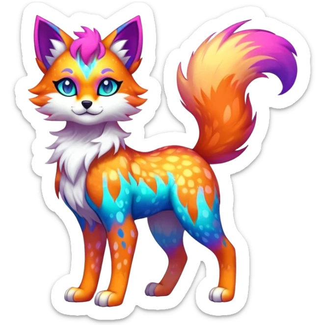 Vibrant multicolored neon-colored Falvie-Fionbri-creature-sparkle-feline-canine-hybrid-fursona, full body, fur pattern-markings sticker