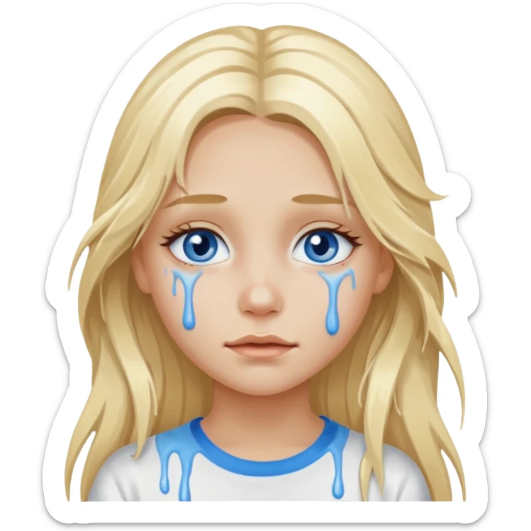 Blonde blue eyed long hair girl emoji with white paint all over its face dripping  sticker