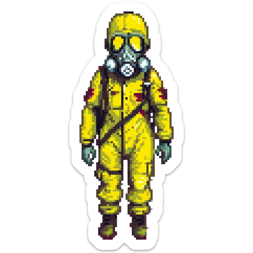 a zombie from the game DAYZ wearing a yellow hazmat suit with a black gasmask sticker