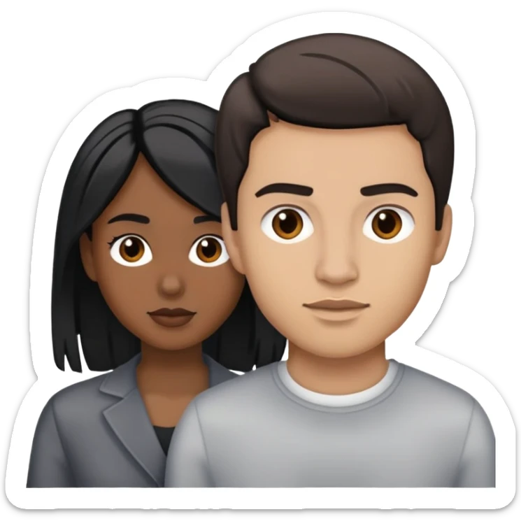 Man with light skin, brown hair with streaks of gray and light skin with a  woman with  black hair and brown skin sticker