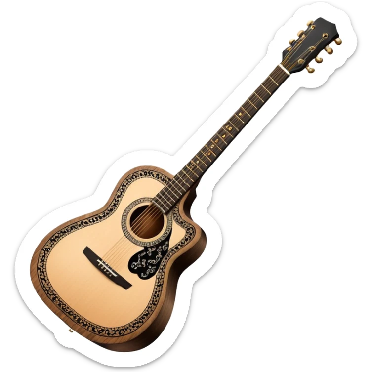 acoustic sunrise guitar with black lacy-details and engraved small black music notes sticker