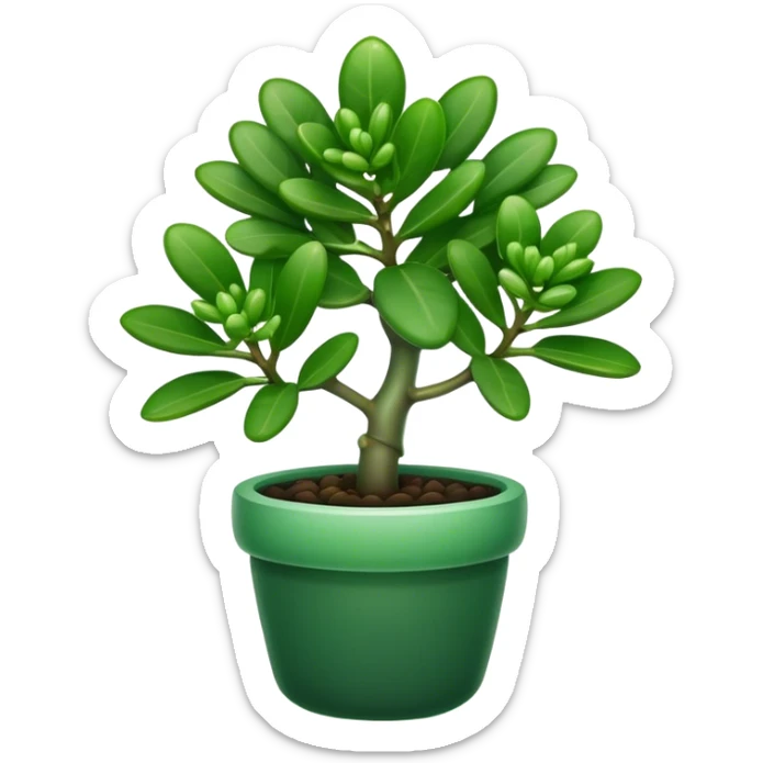 Cinematic Realistic Jade Plant Emoji, Thick and glossy, with dark green, round leaves that shine under the light. The sturdy stems and vibrant foliage give a sense of prosperity and tranquility. Soft glowing outline, capturing the essence of good luck, growth, and natural elegance in a flourishing jade plant! sticker