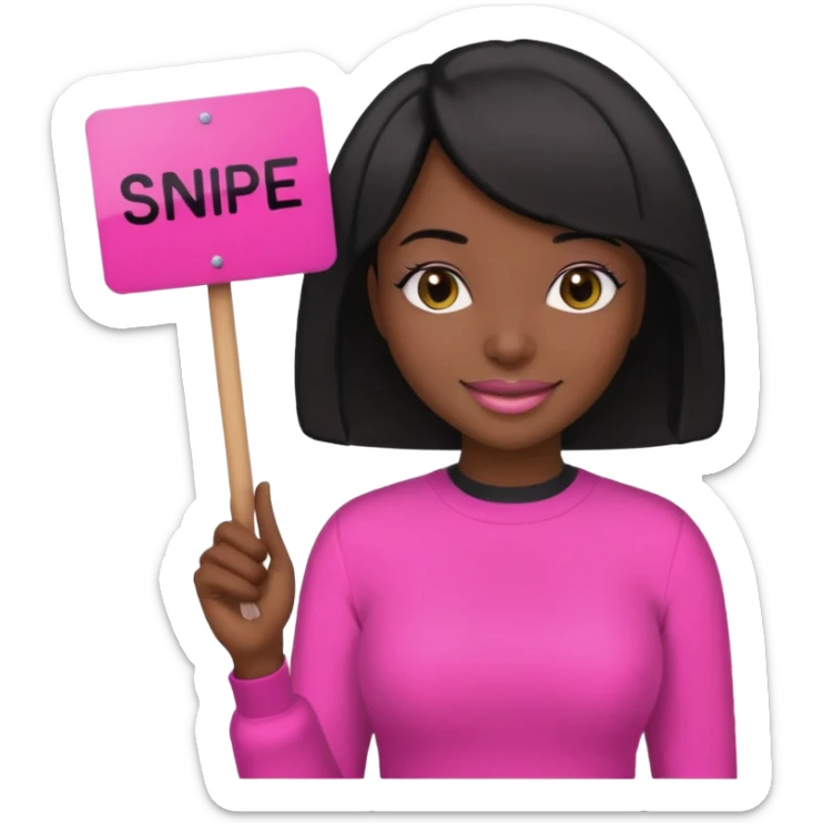 Dark skin woman with black bob in hair holding sign that says snipe  wearing pink outfit  sticker