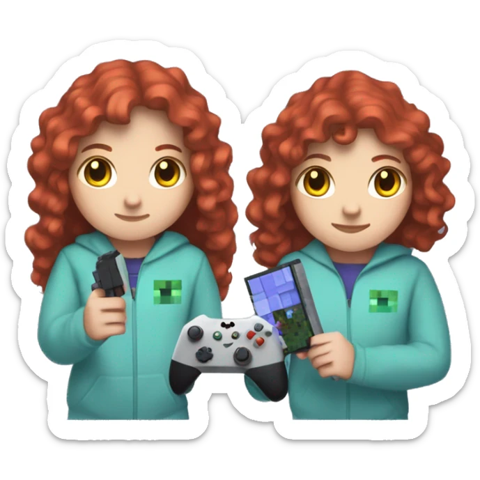 a white girl with long red curly hair, wearing periwinkle Minecraft hoodie holding a controller sticker