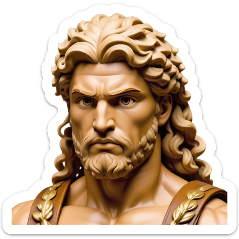 Cinematic Realistic Barbarian Hercules Portrait, depicted as a fierce Greek hero with the chiseled features of Michelangelo's David. His light tan, sculpted skin glows with timeless strength, and his thick, curly, golden brown hair cascades in wild, untamed curls reminiscent of a warrior’s mane. Instead of a flowing white robe with golden accents and a laurel wreath, he wears rugged, weathered leather and fur garments—a tattered, fur-trimmed cloak draped over broad shoulders and a simple circlet forged from iron and bone. His intense, determined eyes exude savage nobility, all rendered under dynamic natural lighting with a mythic, raw, radiant glow. sticker