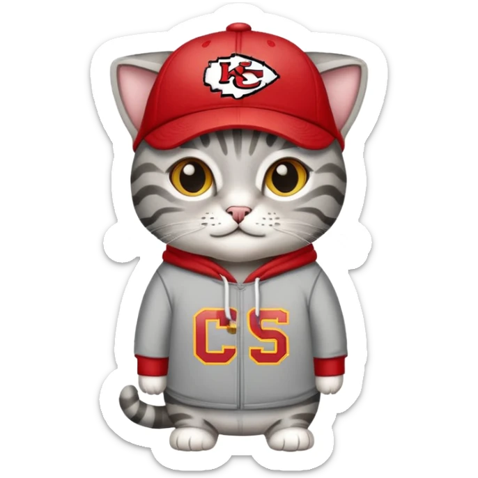 Grey tabby cat wearing KC chiefs hoodie and chiefs ball cap sticker