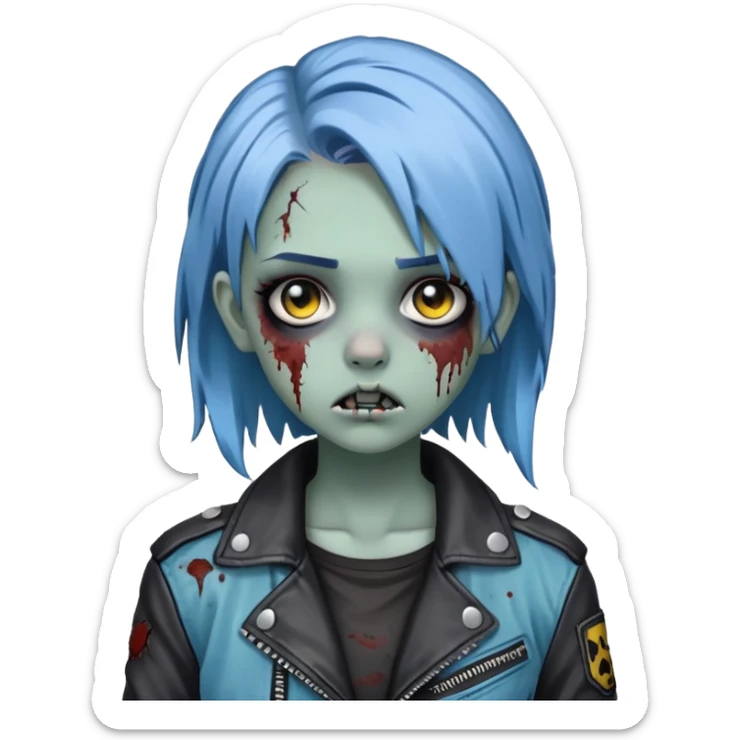 zombie teen girl with ashy blue hair, eye color black, grunge style or leather jacket emoji sticker