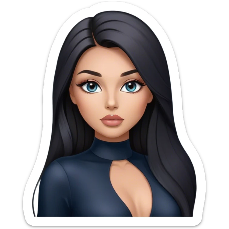 Glamours, tanned, very beautiful girl, with big pump peach-beige-rose lips, long long lashes, black straight smooth silky long hair, straight parting hair, blue-grey eyes in black long-sleeves bodysuit sticker