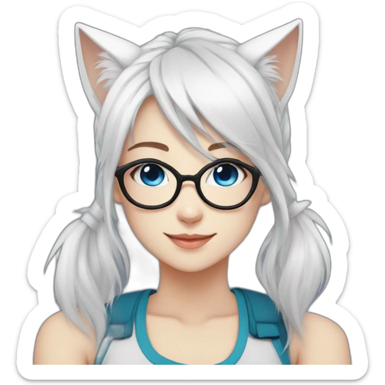 anime style white hair catgirl, black glasses, tank top, pony tail hair, blue eyes sticker