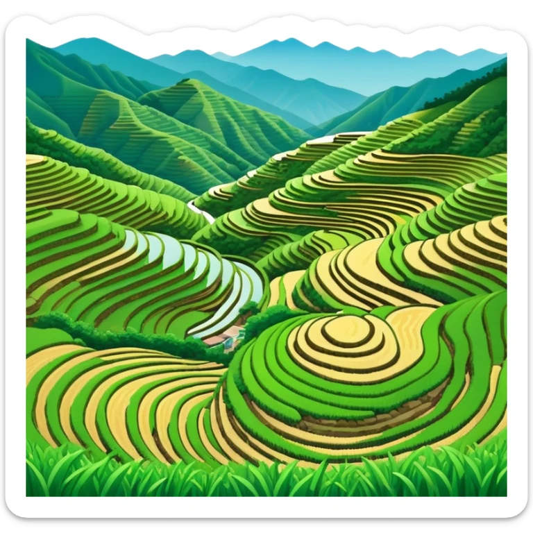 Longji Rice Terraces Guangxi curved farming terraces, simplified emoji style with bold outlines and bright colors, cartoon style layered green fields on mountain sticker