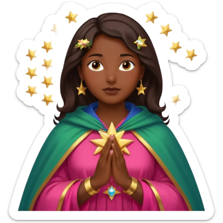 Mujer de piel morena, rostro sereno, manos juntas. Vestido rosa rojizo manto capa azul verdoso con muchas estrellas doradas pequeñas Resplandor como rayos de luz dorado alrededor del cuerpo. sticker