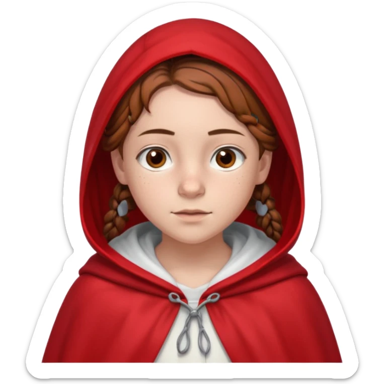 a 12 year old girl with fair skin, freckles, and brown hair done in French braids that come down to her breasts. she has a red hooded cape with the hood drawn. she has big, brown eyes and normal eyebrows sticker