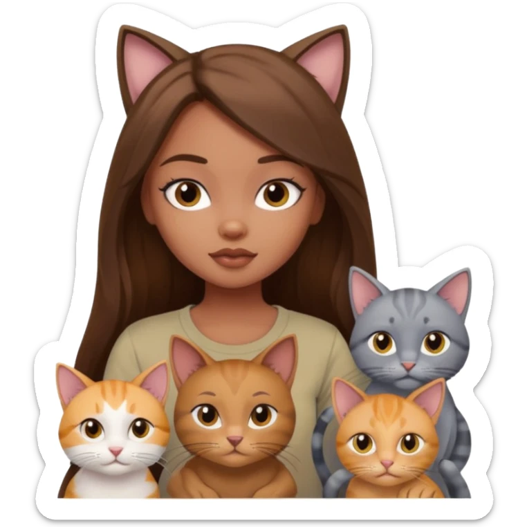 a pretty bratz dusky girl with long brown hair with four cats nd wearing a grey tshirt sticker