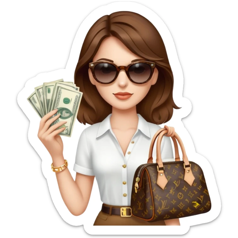 Old money women with sunglasses and brown hair and Luis Vuitton bag and lots of money  sticker