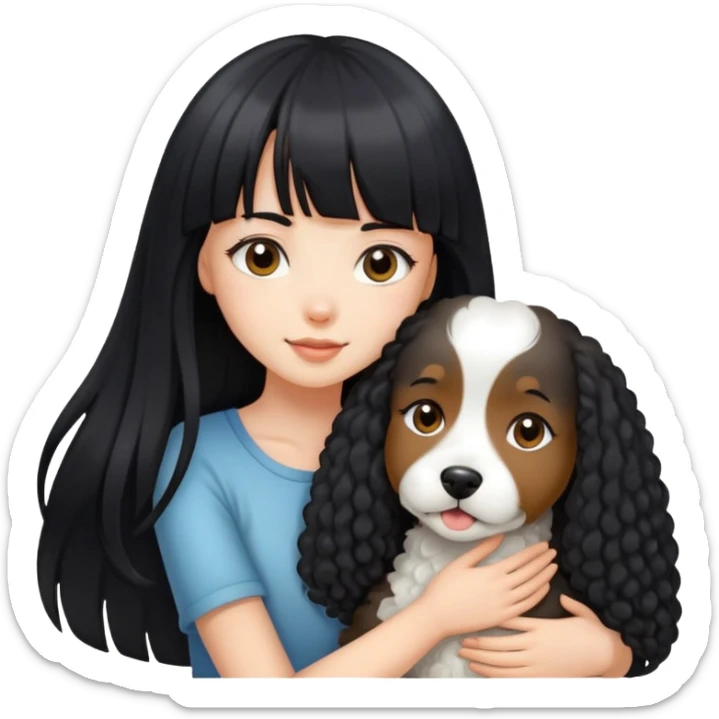 A beautiful girl with long black straight hair and bangs hugs a curly-haired dog sticker