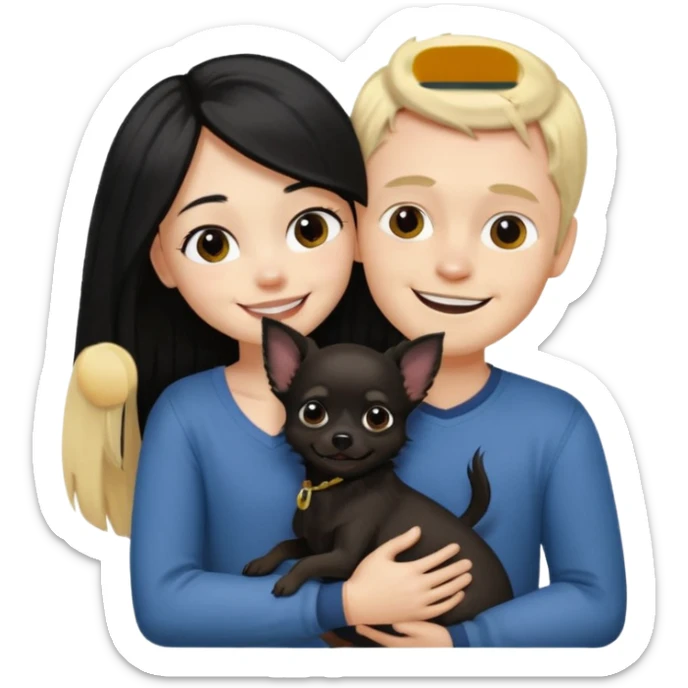 Hombre con pelo largo rubio chica de pelo negro  oscuro  y chihuahua negro amor sticker