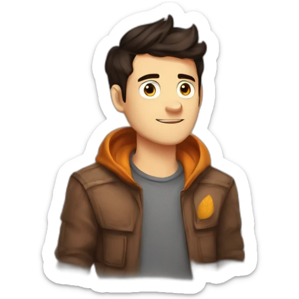 drawn character in the style of gravity falls, guy, dark hair, gray eyes, autumn entourage, yellow-orange leaves, portrait, sweater, avatar for social networks, forest in the background sticker