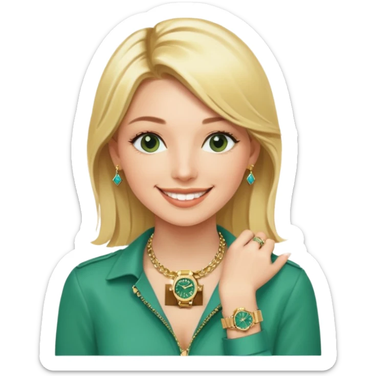 Breitling green faced watch on blonde girl wrist with gold necklace from a Tiffany and gold bracelets sticker