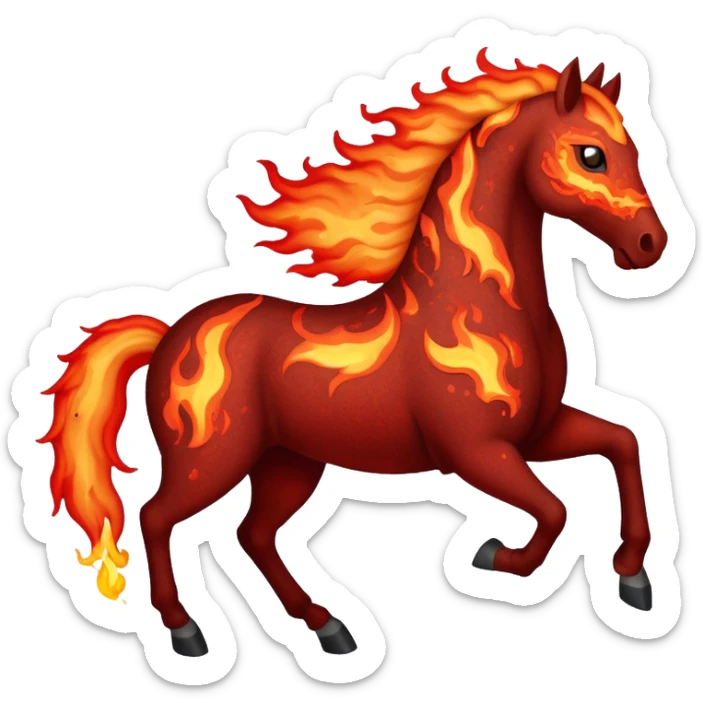A red fast horse made of embers, magma, and visible lava, with flames burning around it and ash particles floating sticker