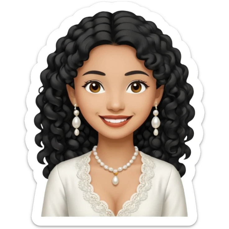tan skin women, with black long Curly hair, wear white kebaya , and pearl earring sticker