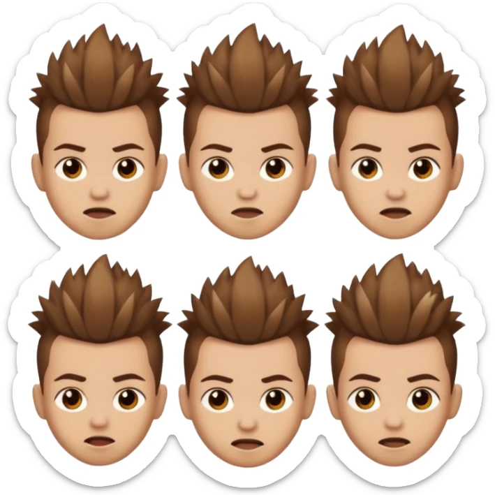 Haz un personaje que tenga cabello marrón con un corte mohicano y que tenga diferentes expresiones  sticker