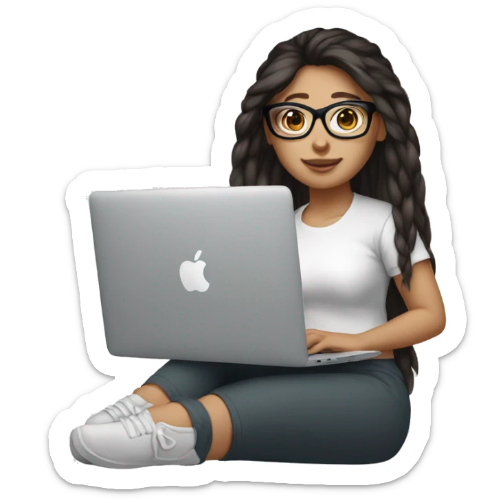 Girl with dark brown ponytail hair chinky eyes with glasses and white skin hold macbook sticker