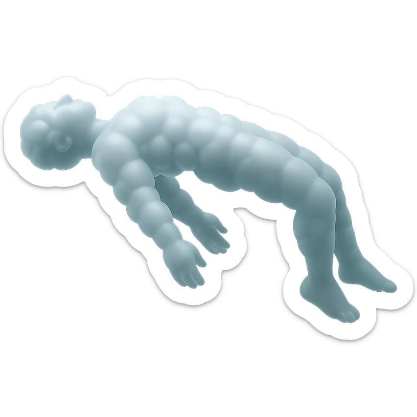 side view of unconscious person flying with torso upwards and legs and arms downwards, made of small very bright white fluffy convex clouds, matte glass style sticker