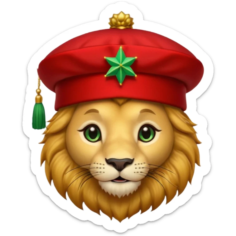 Cute lion face emoji with golden fur, big round eyes, and a friendly expression. Wearing a red Moroccan fez hat with a green star on the front and a small black tassel on the side sticker