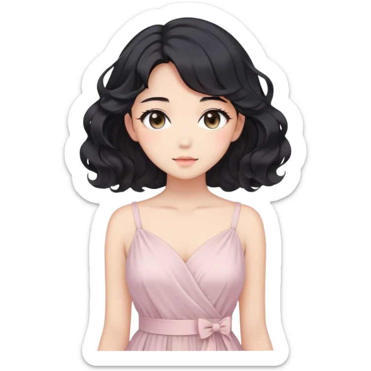 Gorgeous anime lady with elegant black wavy hair wearing a soft flowy feminine dress in pastel colors sticker