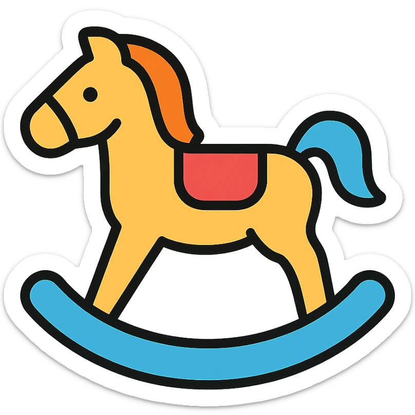rocking horse, color outline icon style, playful colors, black outlines, friendly appearance sticker