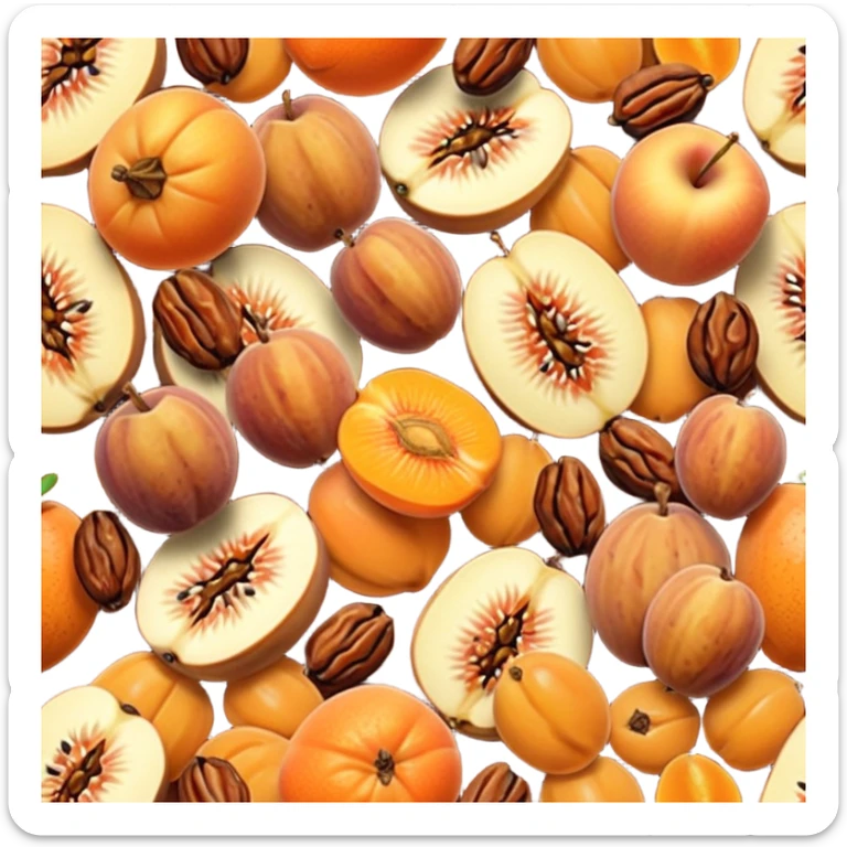 assortment of dried fruits including raisins, apricots, figs, dates, apple rings, gently scattered, natural color and texture, wrinkled, warm orange and brown tones, 3D-rendered, minimalist, no faces, transparent background sticker