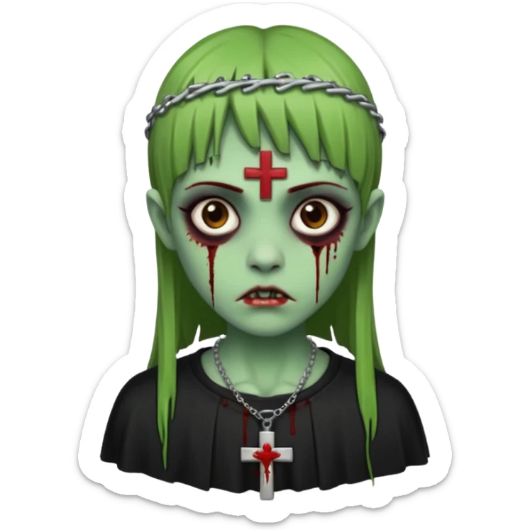 Zumbi verde com olhos castanhos aspecto de que tá sangrando, uma franja reta um piercing do lado esquerdo do nariz, roupa preta e crucifixo como colar, e também delineador sticker
